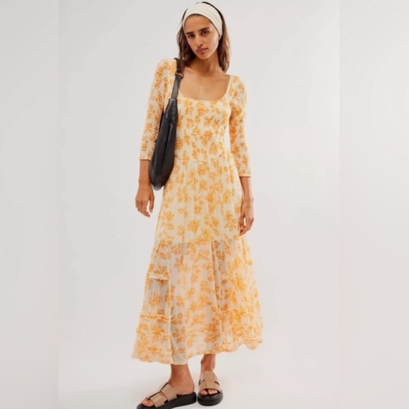 Free People Dresses & Skirts - NWT Free People It's Fate Midi Dress Orange Floral Mesh Long Sleeve Size Small